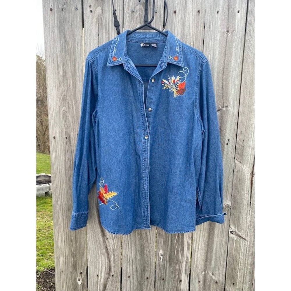 Holiday Editions Fall Embroidered Denim Shirt Womens Large Autumn Leaves Acorns